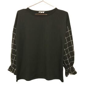 Hailey & Co Black Plaid Window Pane Puffy Sleeve Top - S